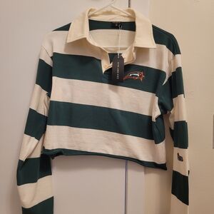 George Mason Green and White Striped Cropped Sweatshirt